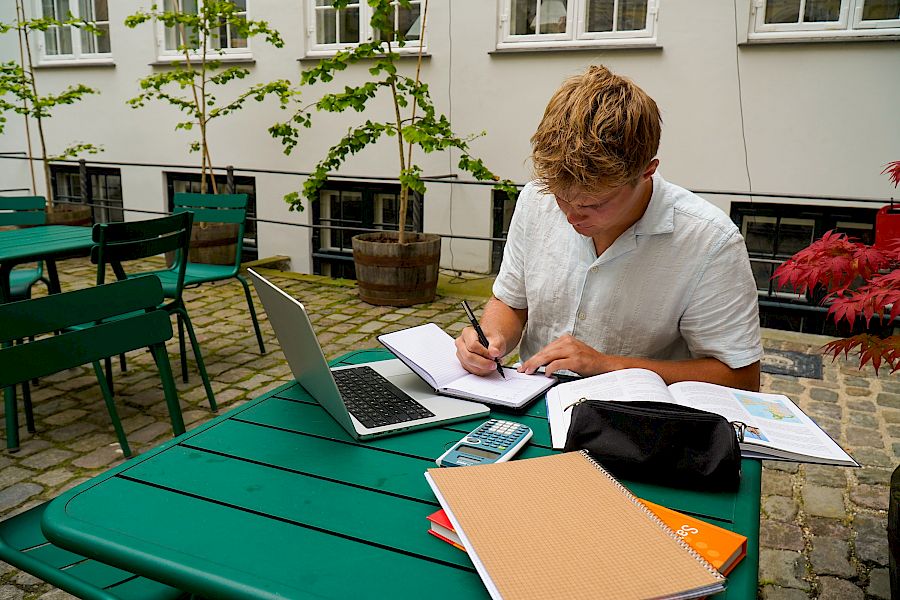 Elev arbejder med formler og fysikopgaver med sin mentor til online undervisning