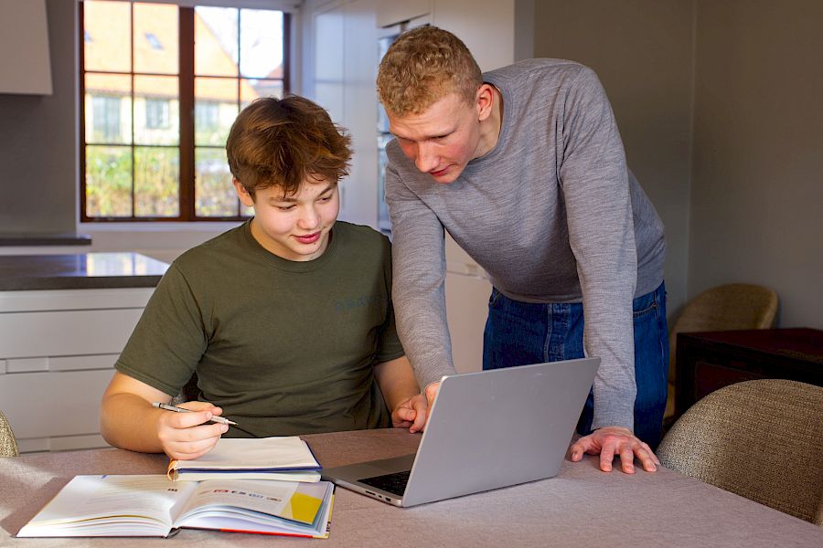Mentor forklarer elev om samfundsfag og peger på computer