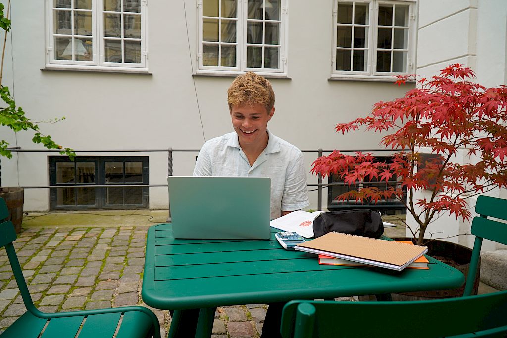 Mentor smiler stort mens han underviser udenfor i historie online
