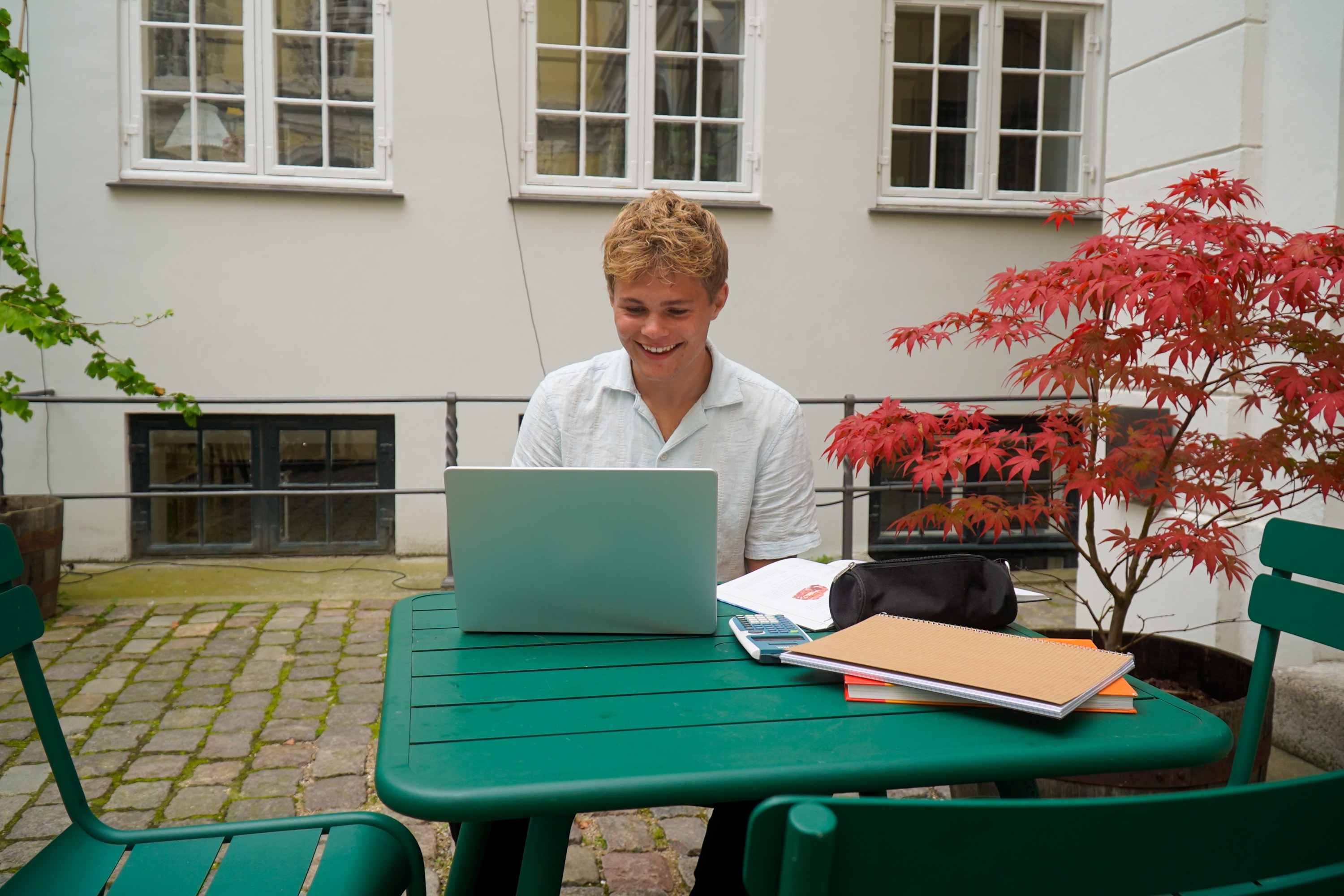 Mentor smiler stort mens han underviser udenfor i historie online