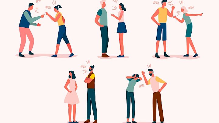En illustration af grupper af mennesker, der diskuterer