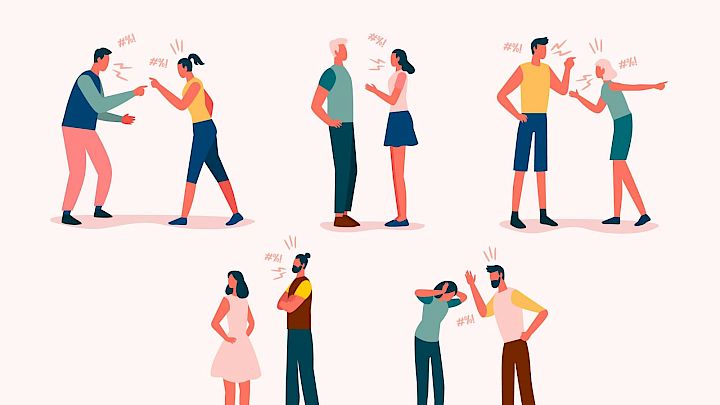 En illustration af grupper af mennesker, der diskuterer