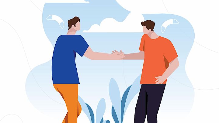 Illustration af to kammerater, der laver håndtegn