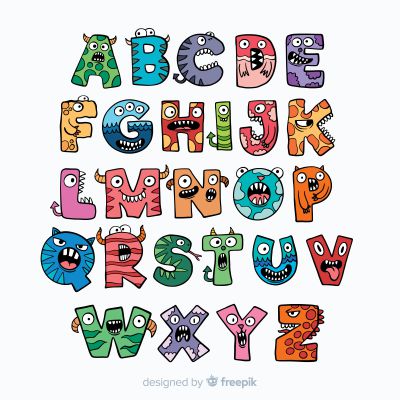 En illustration af alfabetet formet som farverige monstre
